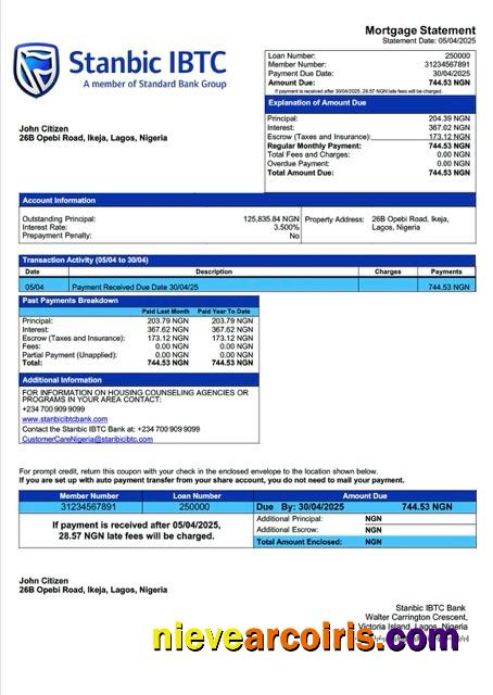 Nigeria Stanbic IBTC Bank mortgage statement Word and PDF template